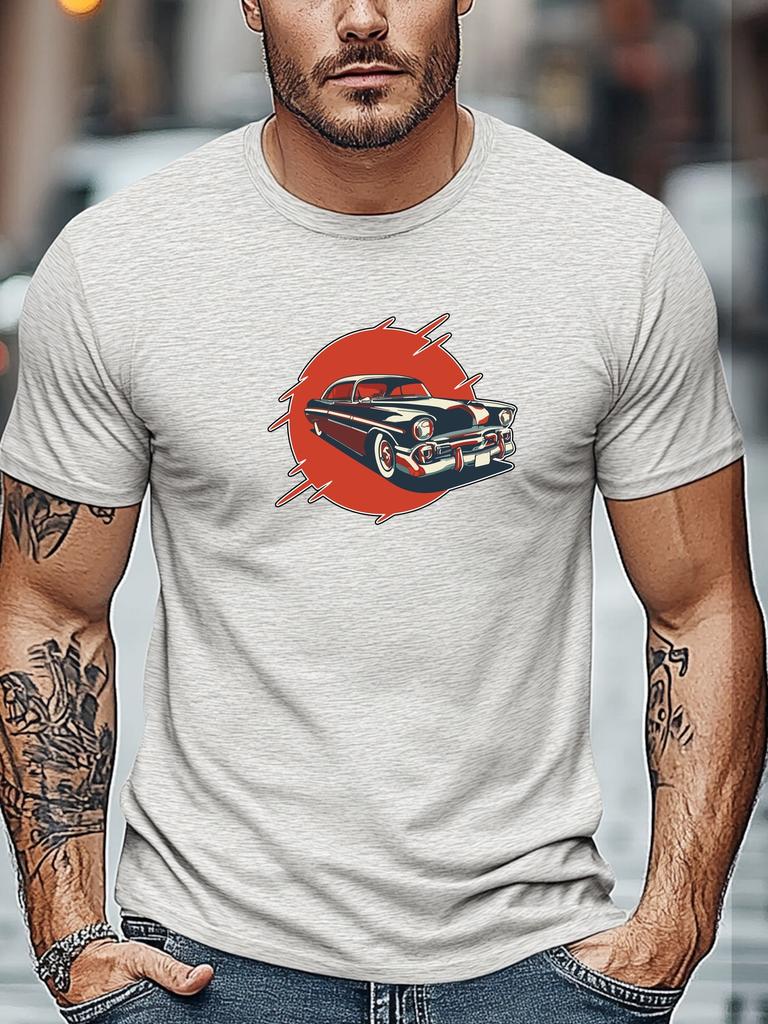 Mens Summer Retro TShirt Vintage Car Red Sun Print Short Sleeve Round Neck Breathable Oversized Classic Daily Wear
