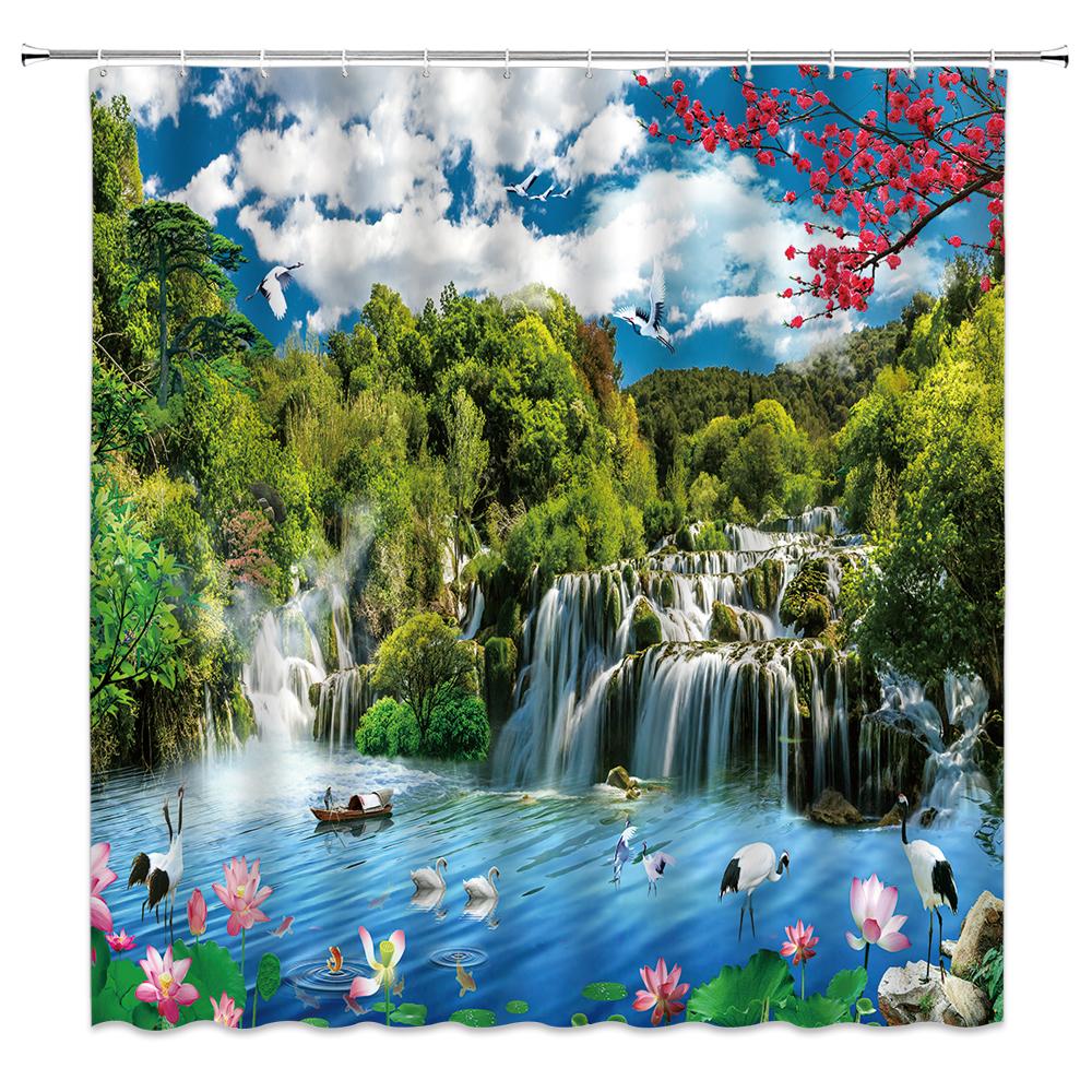 Natural Scenery Waterfall Shower Curtain Plant Lake River Landscape Bath Decor Bathroom Waterproof Polyester Cloth Curtain
