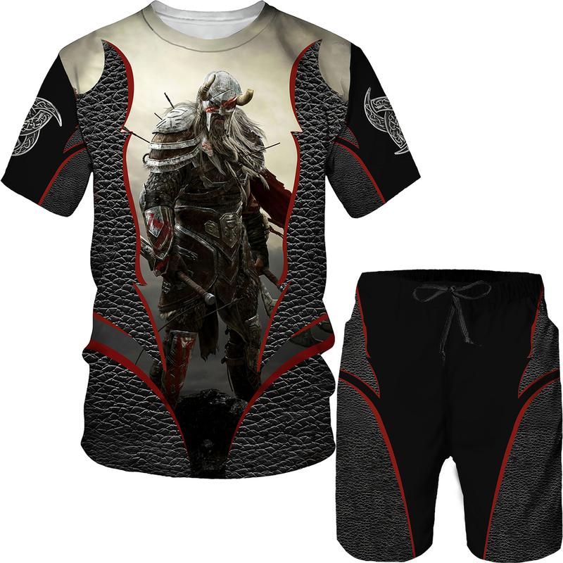 Viking Summer Men T Shirt Set 3D Printed Vintage Clothes Short Sleeve Tshirts Shorts Oversized Tracksuit Fashion Men Sport Suit