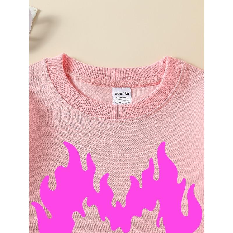 European sizes Girls Pink Flame Heart Crewneck Sweatshirt, Western Style Soft Comfortable Long Sleeved Casual T-Shirt
