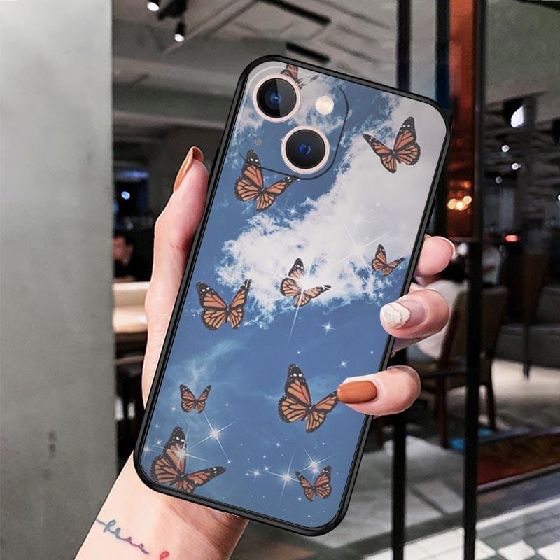 iPhone14 Plus mobile phone case, luxury pink flower butterfly mobile phone case, painted and anti-drop.