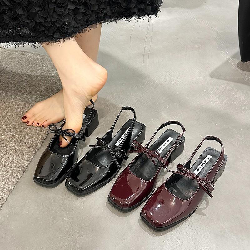 Sommer Damen Schwarz Rot Bootsschuhe Quadratische Zehenpartie Slipper Niedriger Absatz Schuhe für Frau Ballerinas Bequem Schleife Damen Sandalen