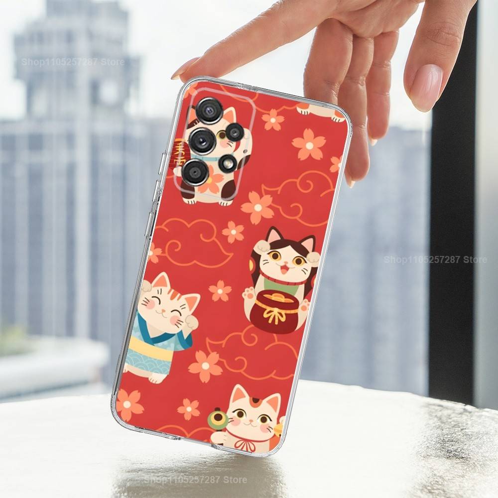 Cartoon Lucky Cat Cute Art Phone Case For Samsung A51,71,30,S21,10,20,Ultra,FE,Lite, S22,23,9,PIus,Transparent, Silicone
