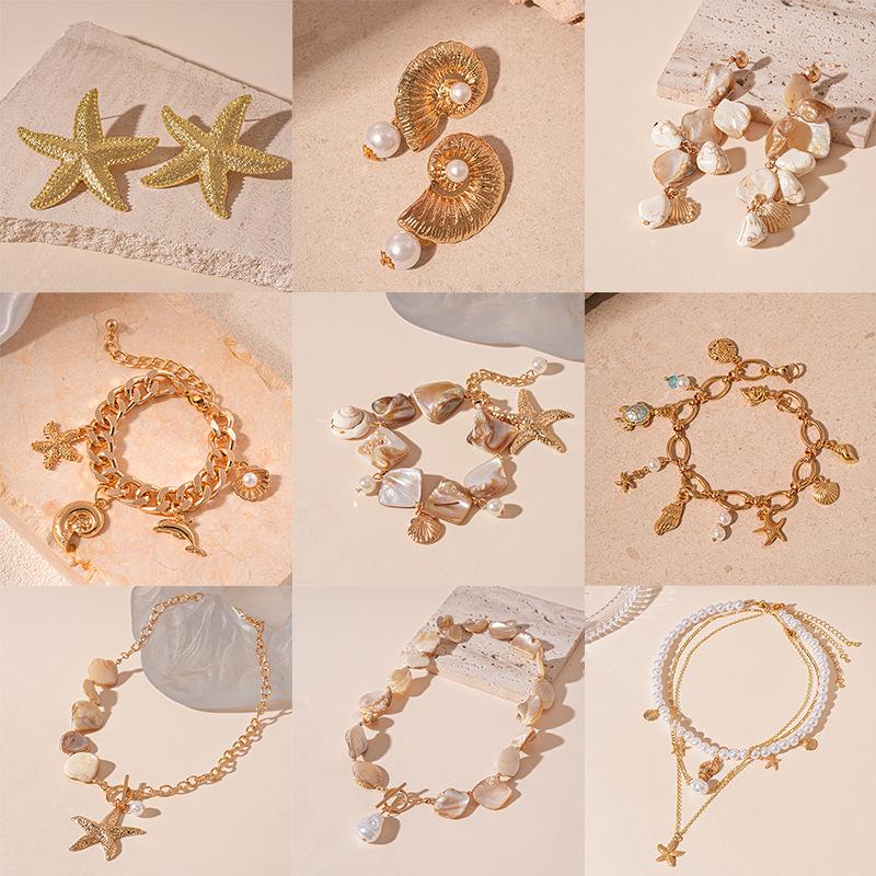Seaside Vacation Wind Starfish Ocean Series Silver Needle Earrings Summer Personality Temperament Necklace Bracelet Earrings