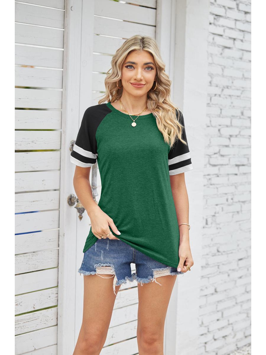 

«Женская свободная полосатая футболка с круглым вырезом и короткими рукавами — коллекция Весна/Лето» M зелёный