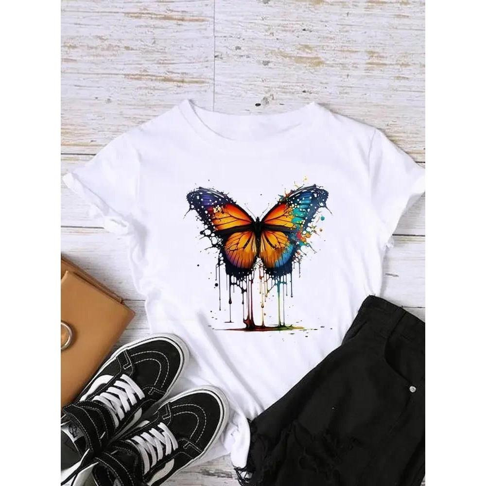 Sleeve Graphic T-shirt Women Top Print Fashion Clothing Watercolor Trend Lady Female Shirt Tee Clothes