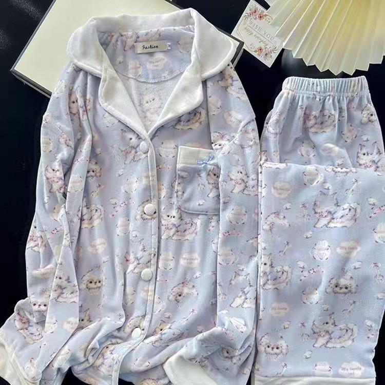 Women's Cartoon Dog Sea Island Cotton Pajama Set - Long Sleeve, Loose, Plus Size Homewear