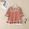 VONDA Womens Casual Square Neck Lace Hem Short Sleeve Blouse