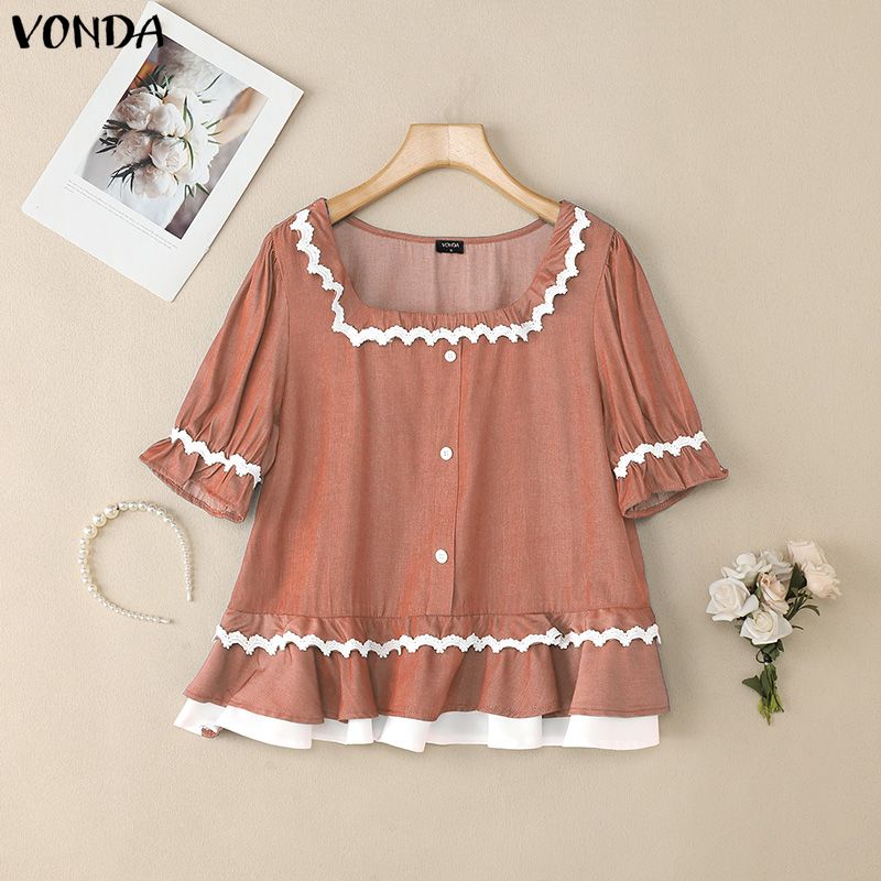 VONDA  Womens Casual Square Neck Lace Hem Short Sleeve Blouse