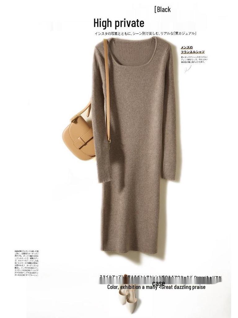 Women's Pure Wool Long-Sleeve Knit Dress, Mid-Length, Over-the-Knee, Slimming; Ideal as a Base Layer for Autumn and Winter.