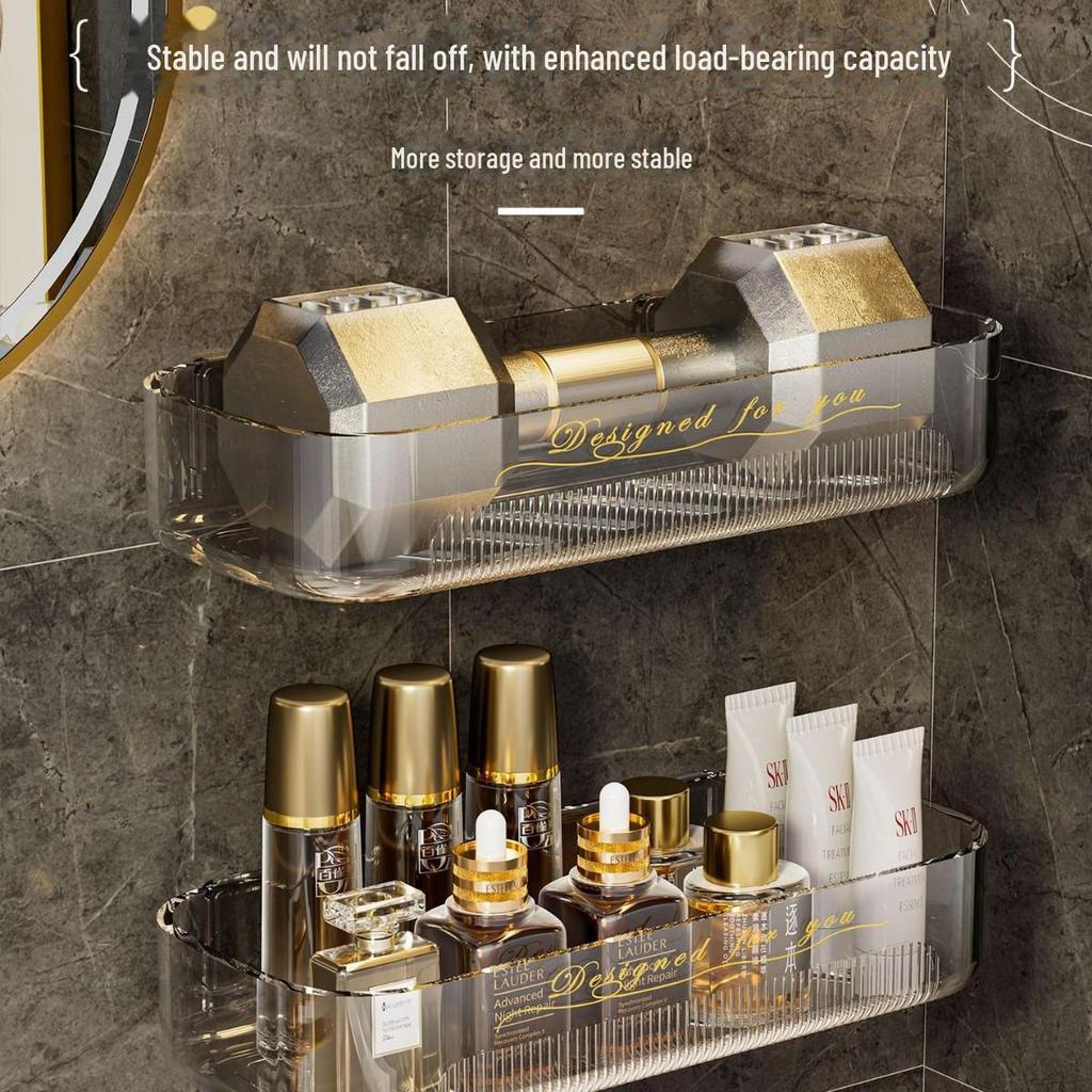 Raft de baie montat pe perete, fără perforații, pentru depozitarea articolelor de toaletă și cosmeticelor