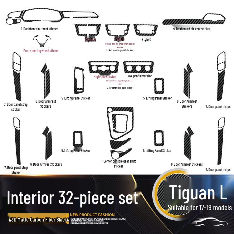 Volkswagen Tiguan L Interior Carbon Fiber Film (2017-2019) - Anti-Scratch, Anti-Kick, Center Console & Door Coverage