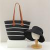 Woven Sun Hat And Large Capacity Straw Tote With Striped Pattern For Travel And Casual Wear