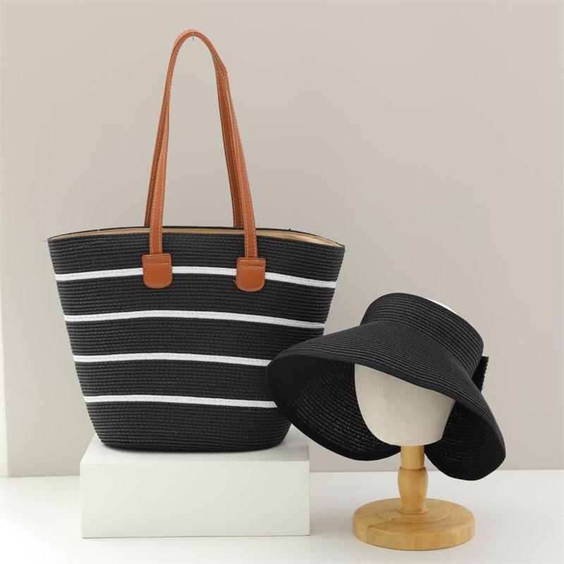 Woven Sun Hat And Large Capacity Straw Tote With Striped Pattern For Travel And Casual Wear