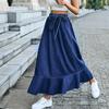 Women Elastic High Waist Bandage  A Line Ruffles Jean Denim Skirt