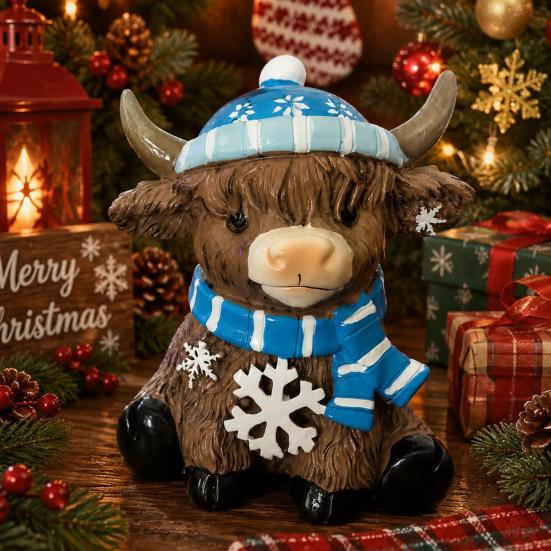 Decorative Highland Cattle Statue Winter Cow Resin Figurine, for Animal Desk Decor, Shape Ornament Home Office