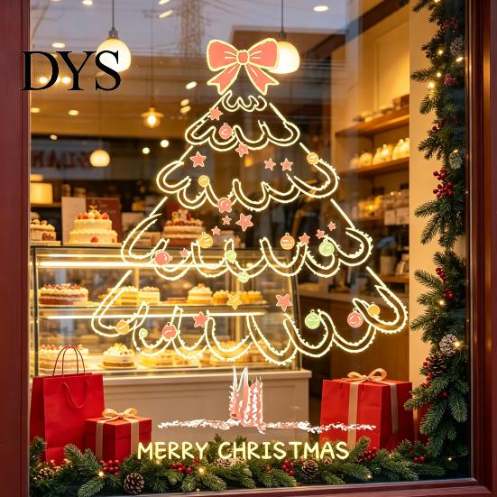 Christmas Store Window Displays Tree Sticker, Simple Line Static Cling Decal, Waterproof Easy Peel Film Removable Festive PVC Decal for Holiday