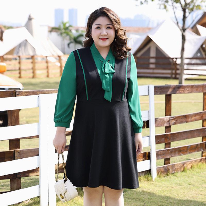 Plus Size Women s Color Block Slimming Dress - Long Sleeve A-Line Skirt for Spring & Summer 2XL 110-130 lbs