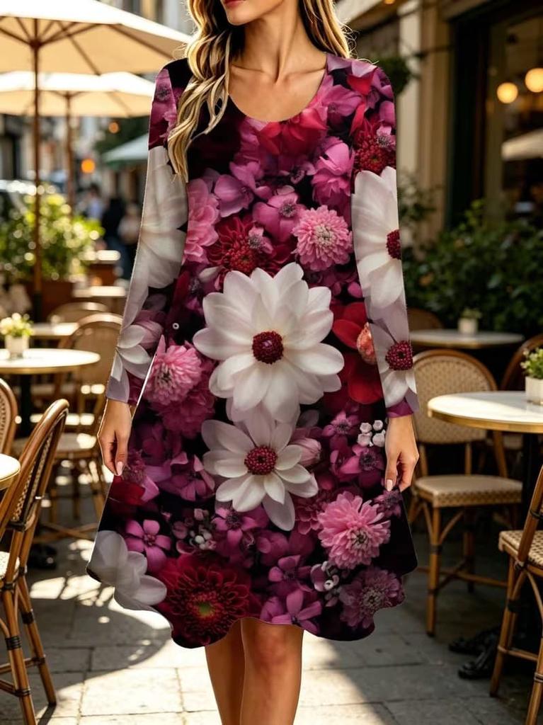 Spring Autumn Women Dress Casual Long Sleeve O-neck 3D Print Loose A-Line Dress Oversized Home Wear Robe