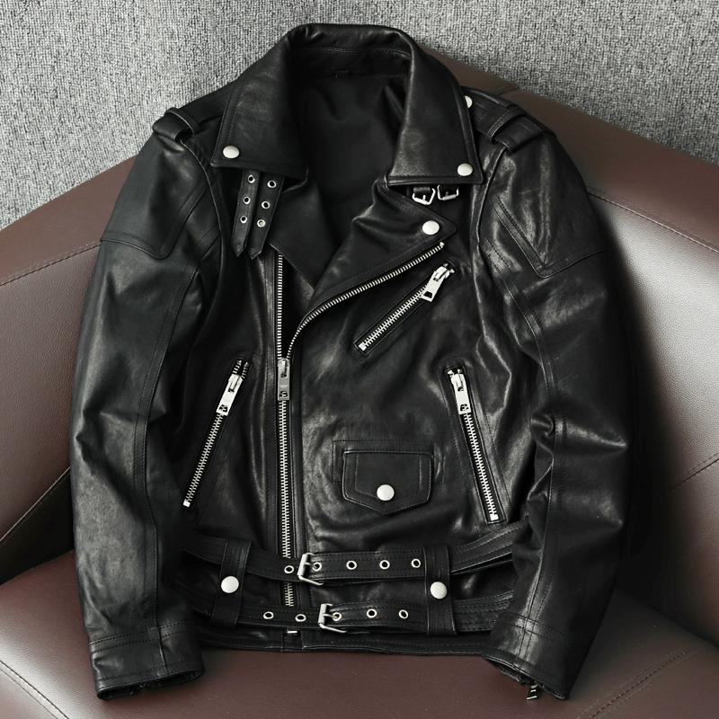 New Korean Style Sheepskin Waxed Leather Jacket Men's Biker Coat Fashionable Spring Autumn Outerwear