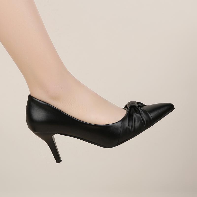 Classy Women's High Heels Fashion Bow Pointed-toe Pumps Mid Heel Office Lady Slip-on Work Shoes Black Stiletto Heels
