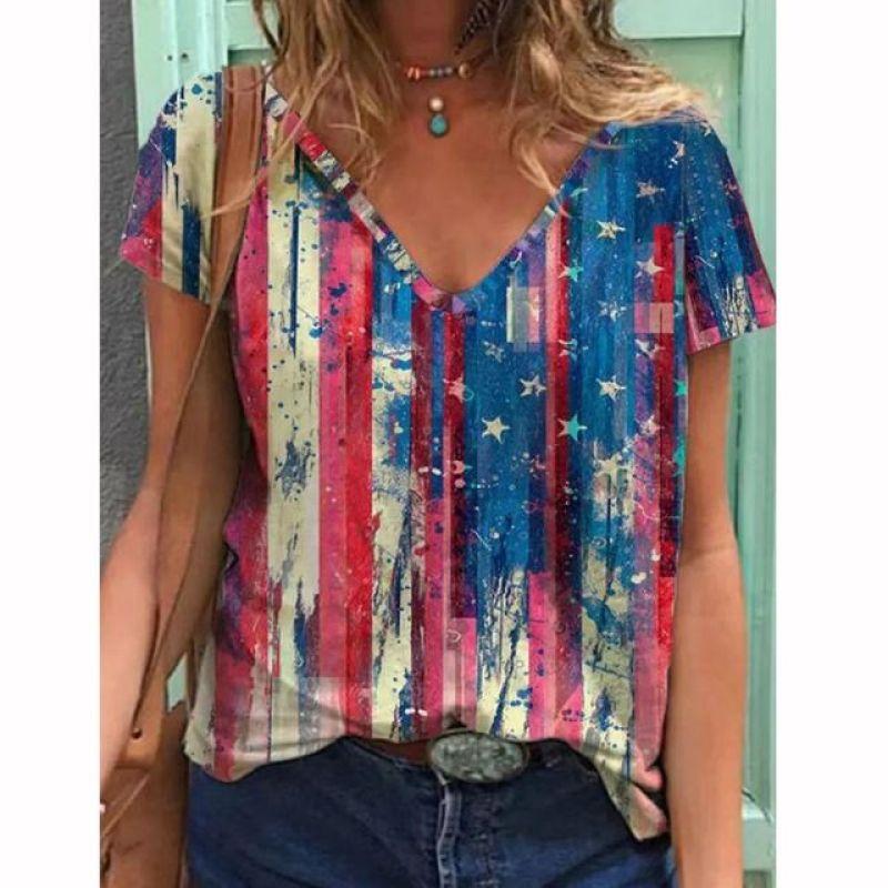 2022 Женские футболки с принтом американского флага и V-образным вырезом Одежда Женские — фото 10