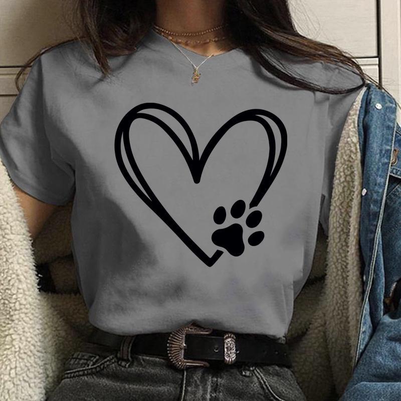 Personalized Creative Heart Dog Paw Print Pattern Printed Tee Women's Funny Casual Shirt Tops Loose Round Neck T-Shirt