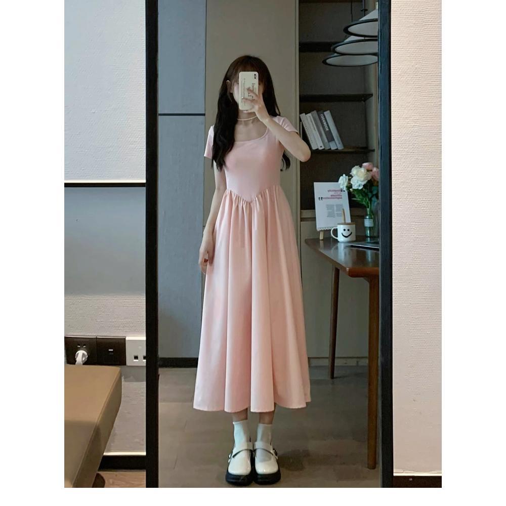 Pink Square Collar Dress Children's Summer New Small Slim French Casual Temperament Fairy First Love Long Dress