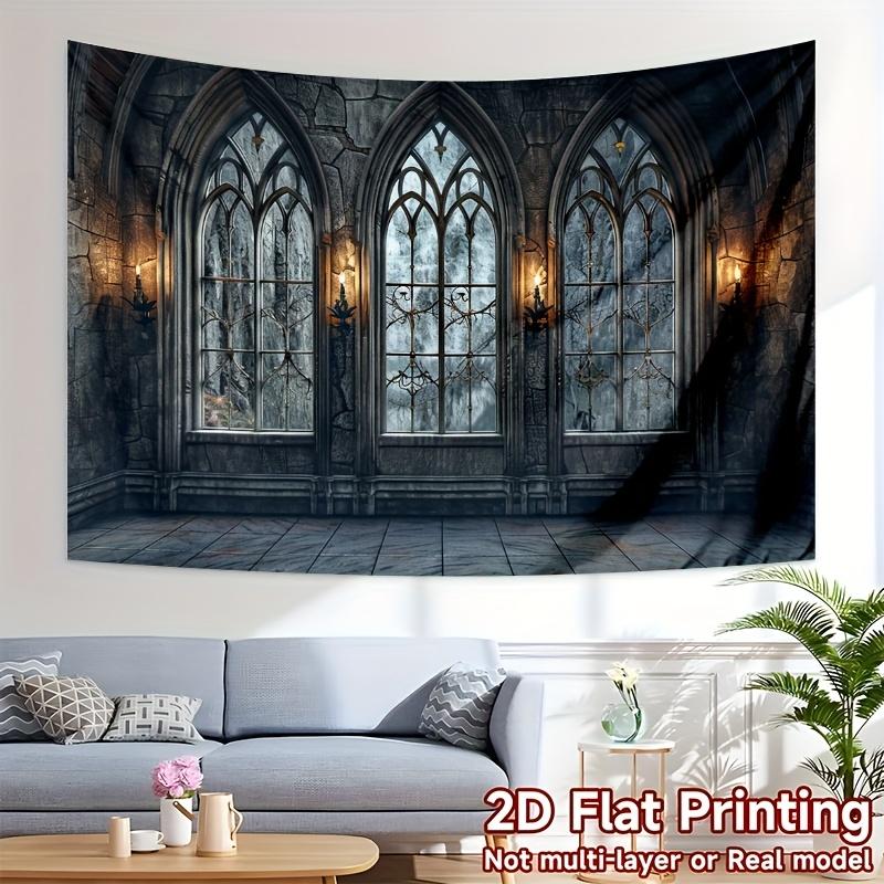 Arazzo Finestra Castello Gotico Piatto 2D Appeso a Parete Medievale Scuro Decorazione per la Casa Arte Gotica Vintage Stampa Piatta 2D Estetica della Stanza