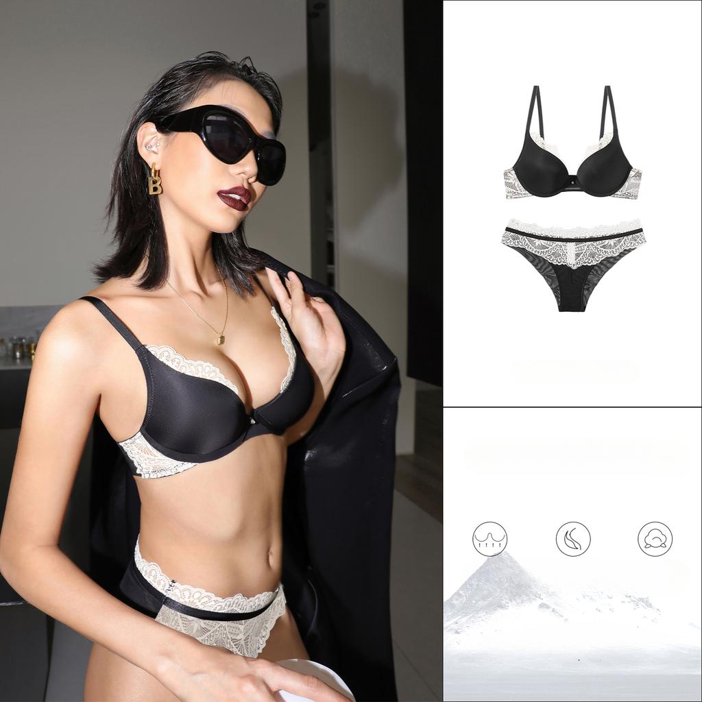 Sexy Lace Women Underwear Set Shiny French Push Up Bra Set 3/4 Cup Plus Size Underwire Brassiere Deep V Lingerie and Panties