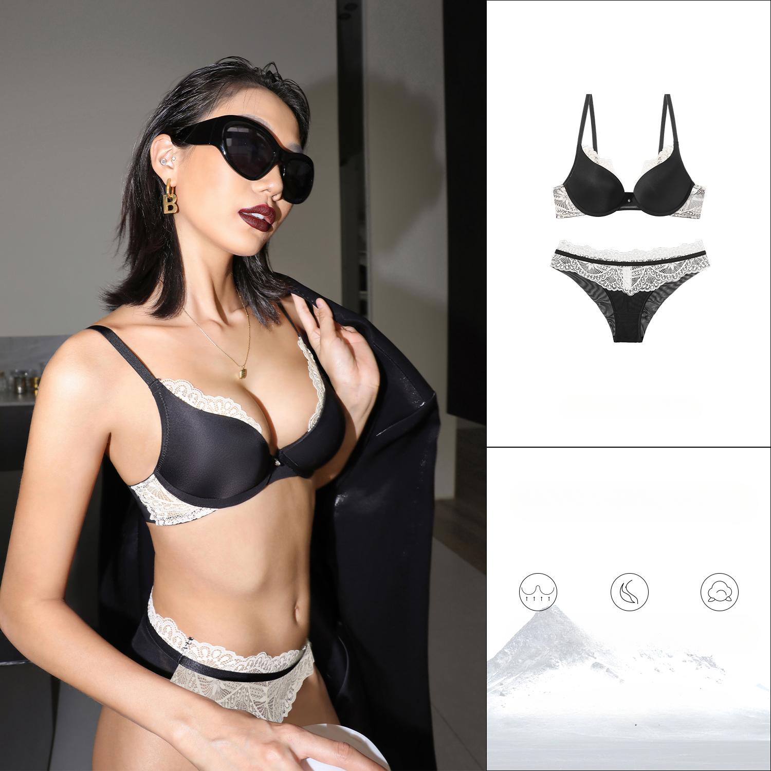 

Сексуальный кружевной женский комплект нижнего белья, блестящий французский бюстгальтер пуш-ап, чашка 3/4, большой размер, бюстгальтер на косточках, глубокий V-образный вырез, нижнее белье и трусики 75B чёрный