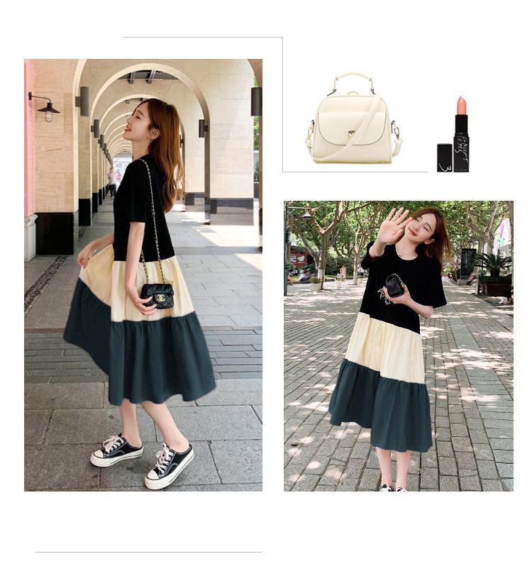 Maternity Summer A-line Knee-Length Dress with Contrast Color Splicing