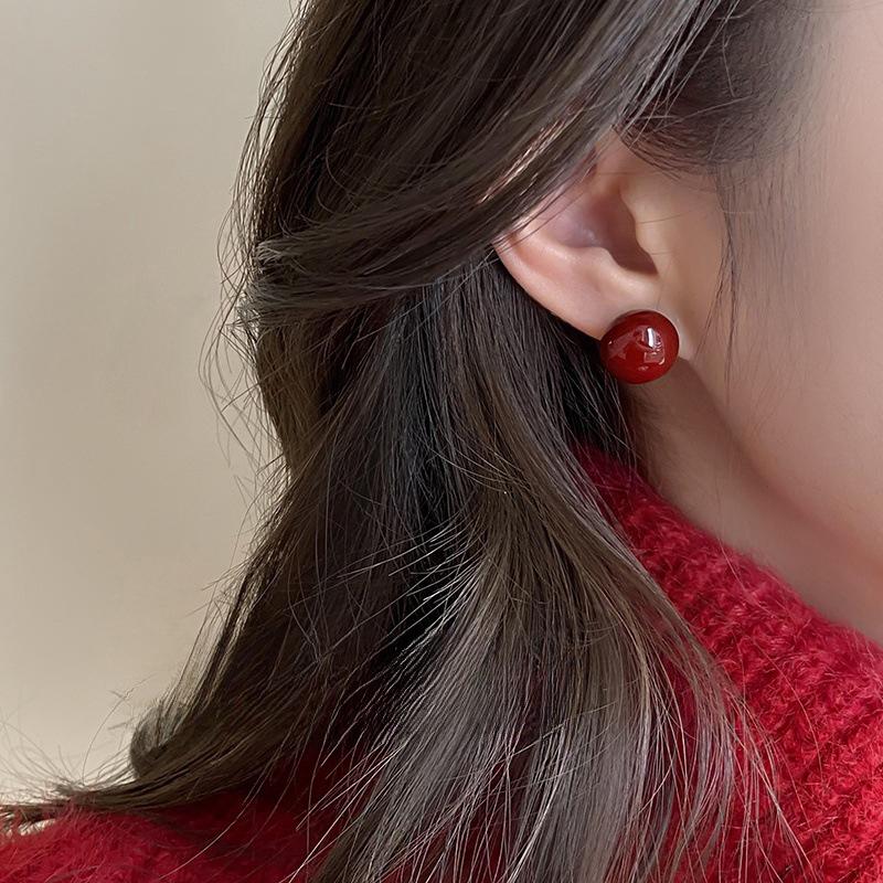 Real 925 Silver 6/8/10/12/14MM Red Artificial Pearl Stud Earrings For Women Classic Fine Jewelry Minimalist Accessories