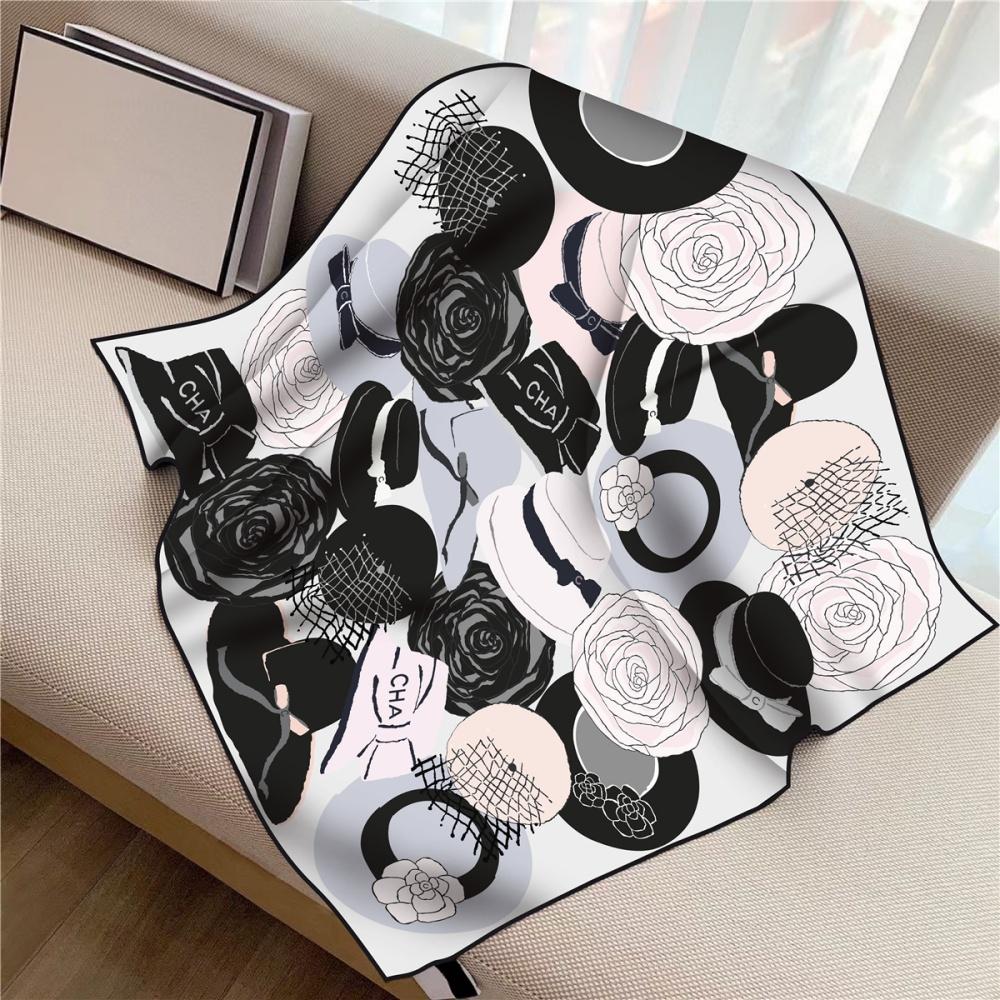 New Design Letters Flowers Printed Twill Silk Scarf Square Scarves Lady Wraps Kerchief Woman Neck Shawl Wraps Echarpes 90Cm