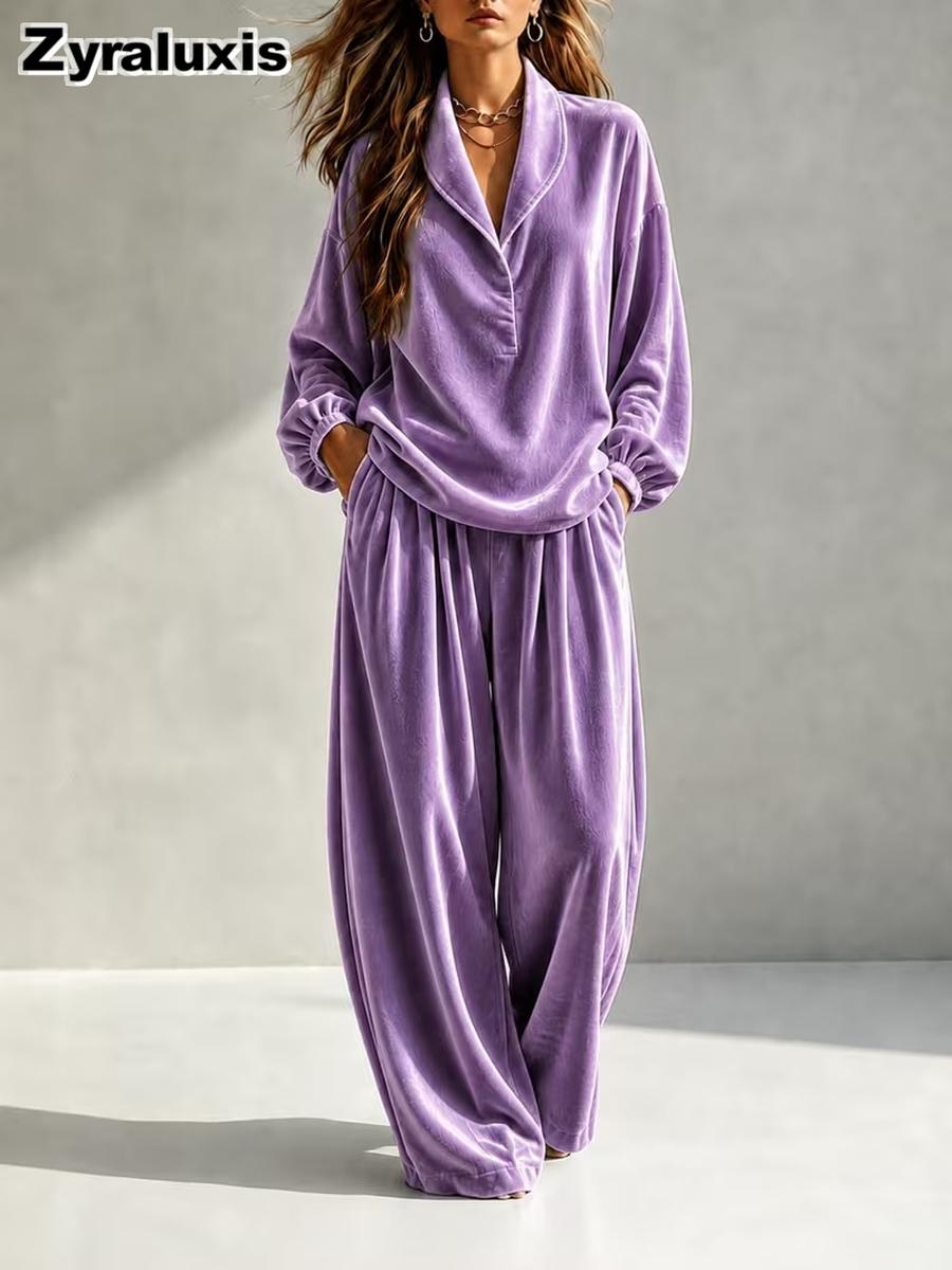 Damen Herbst Neuer Stil Lässige Mode Samt Langarm Hosenanzug Set M violett