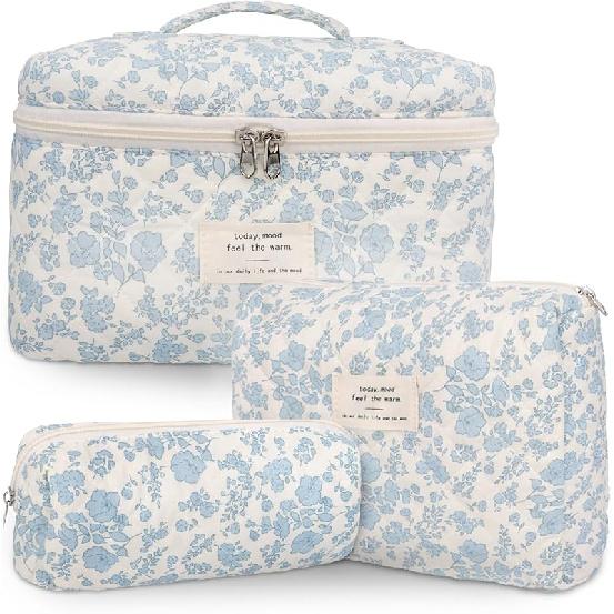 3Pcs Cotton Quilted Makeup Bag Large Travel Cosmetic Bag Coquette Makeup Pouch Cute Aesthetic Floral Toiletry Bag for Women Girls flower-B