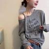 Slant Collar Off-shoulder Letter Print Early Autumn New Loose Long-sleeved Outer Top