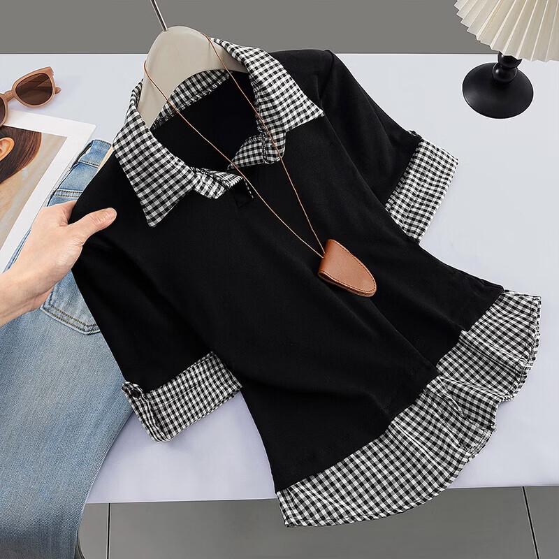 Women s Patchwork Polo Collar Half-Sleeve Slim Fit T-Shirt M