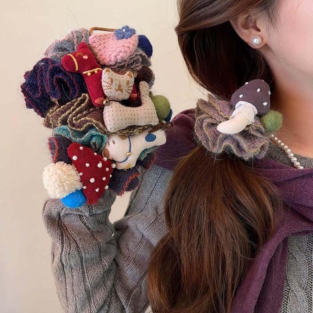 Embroidered Cartoon Animal Hair Rope Large Intestine Circle Bun Rubber Bands Horse Scrunchie  Women
