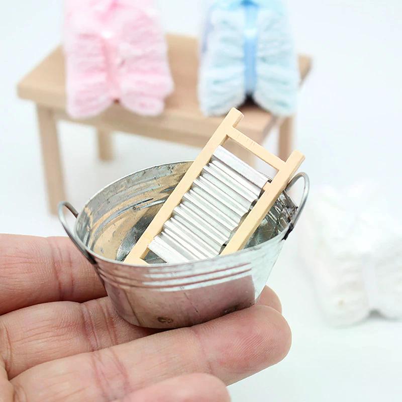 1set 1:12 Dollhouse Miniature Washboard Iron Bucket Bathroom Model Decor Toy Doll House Accessories