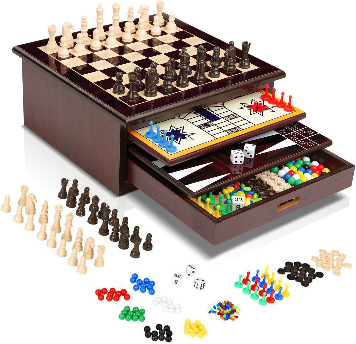 

10-in-1 Wooden Board Game Set – Chess, Checkers, Backgammon & More – Premium Multi-Game with Storage
