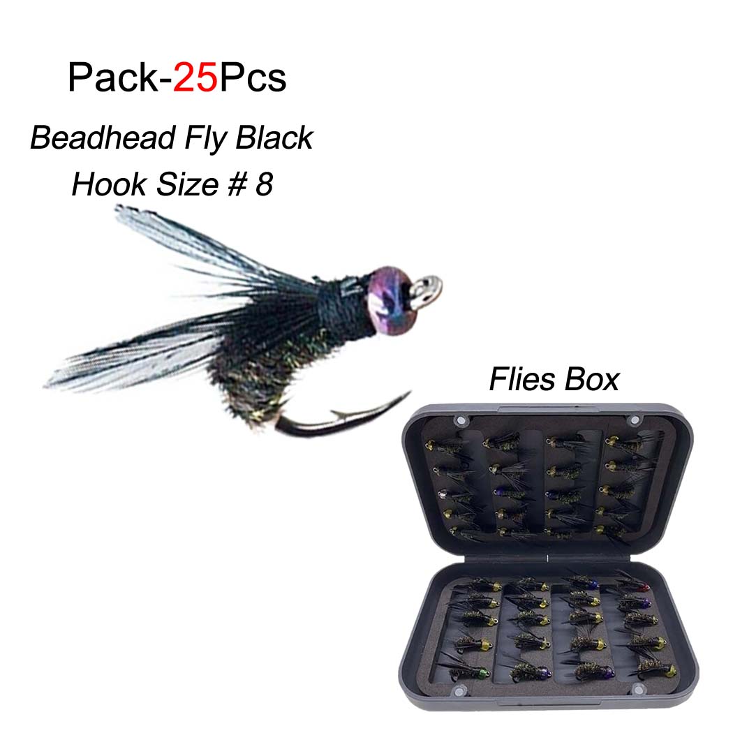 

10/20/25 шт. мушка с головкой, черные рыболовные мухи, насекомые, лосось, форель, приманки для рыбалки нахлыстом, рыбалка 25Pcs(With Flies Box)