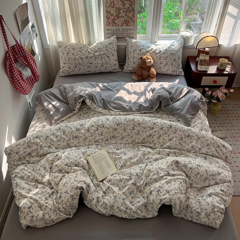 Korean Style Bedding Sets Floral Flat Sheet Duvet Cover Pillowcase Twin Queen Full Size No Filling Fitted Sheet Set Home Decor