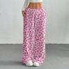 Women's Casual Fashion Printed Elastic Waist Loose Straight Leg Pants With Rope