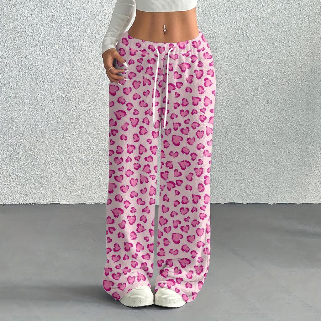 Women's Casual Fashion Printed Elastic Waist Loose Straight Leg Pants With Rope