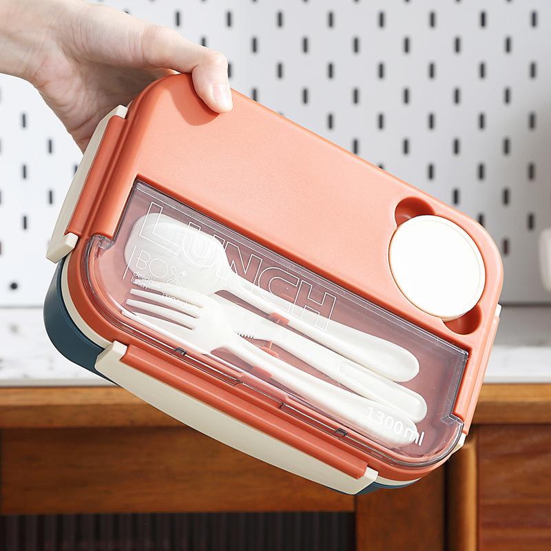 1300ml Plastic Lunch Box 4 Grid Sauce Dish Microwave Safe Bento Box with Spoon Fork Knife Portable Student Office Food Container