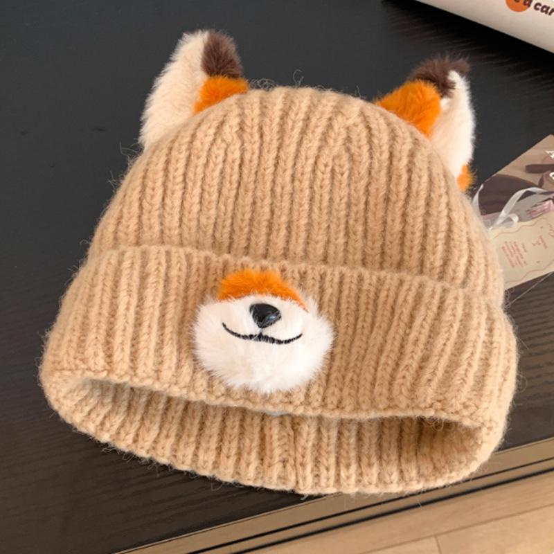 Cartoon cute fox ears knitted hat female autumn and winter face small versatile wool hat warm ear protection bag head hat