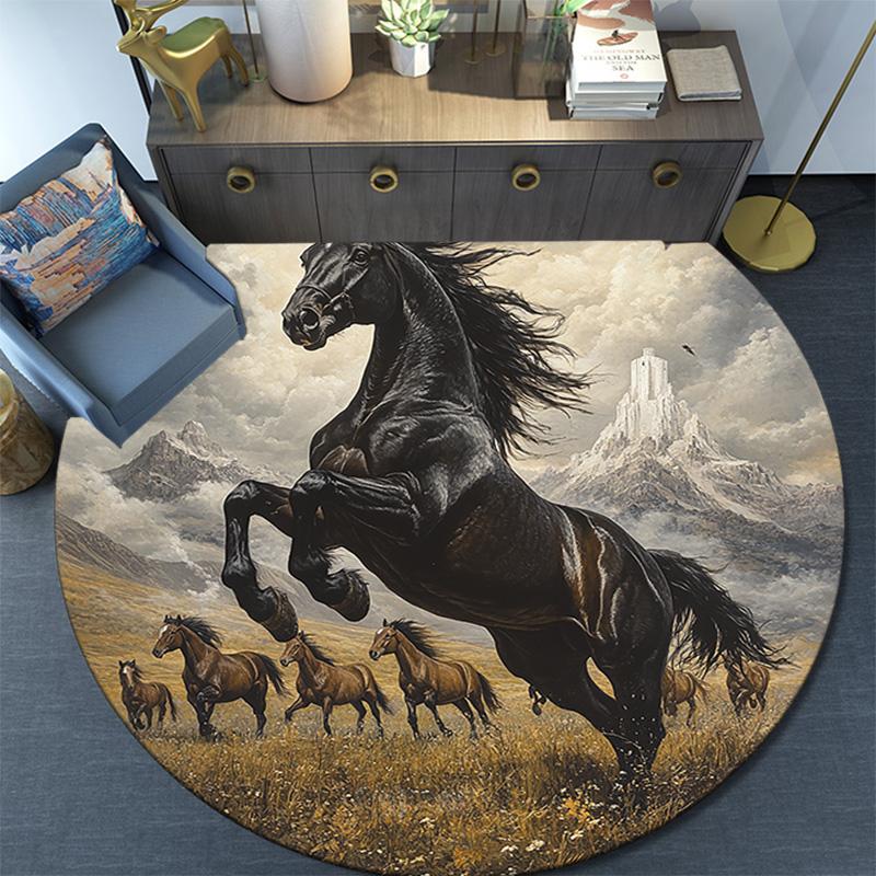 Black Horse Round Area Rug,Carpet Rug for Living Room Bedroom Sofa Playroom Decor,Non-slip Floor Mat