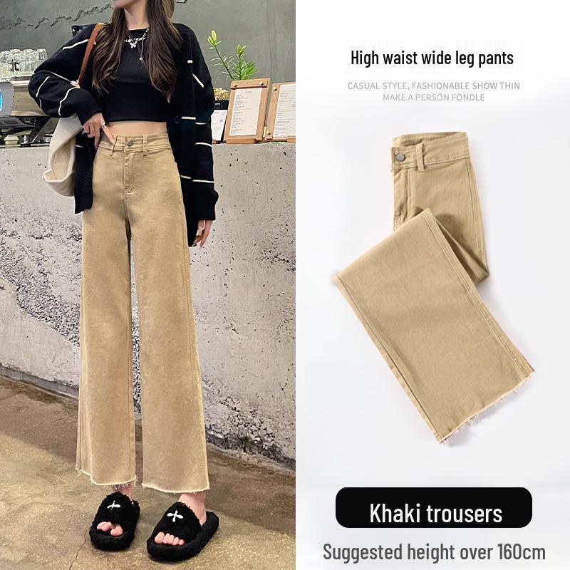 Women's High-Waisted Retro Khaki Cropped Wide-Leg Jeans with Raw Hem