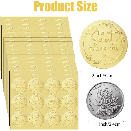 180Pcs Gold Foil Sweet Thank You Stickers, Embossed Round Gold Matte Labels Personalized Embossed Thanks Seal Sticker Metallic Label Wedding Thank